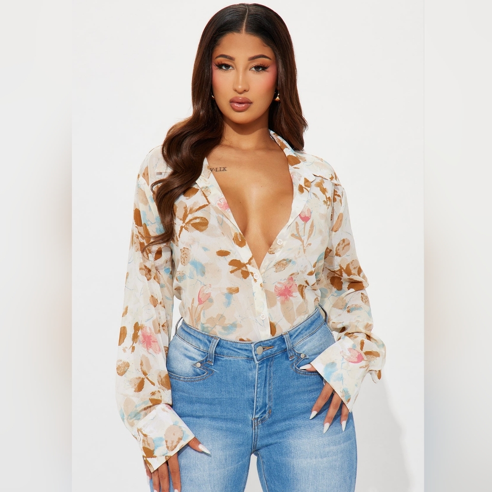 Fashion Nova Sheer Floral Button-Down in Cream, Brown & Pink